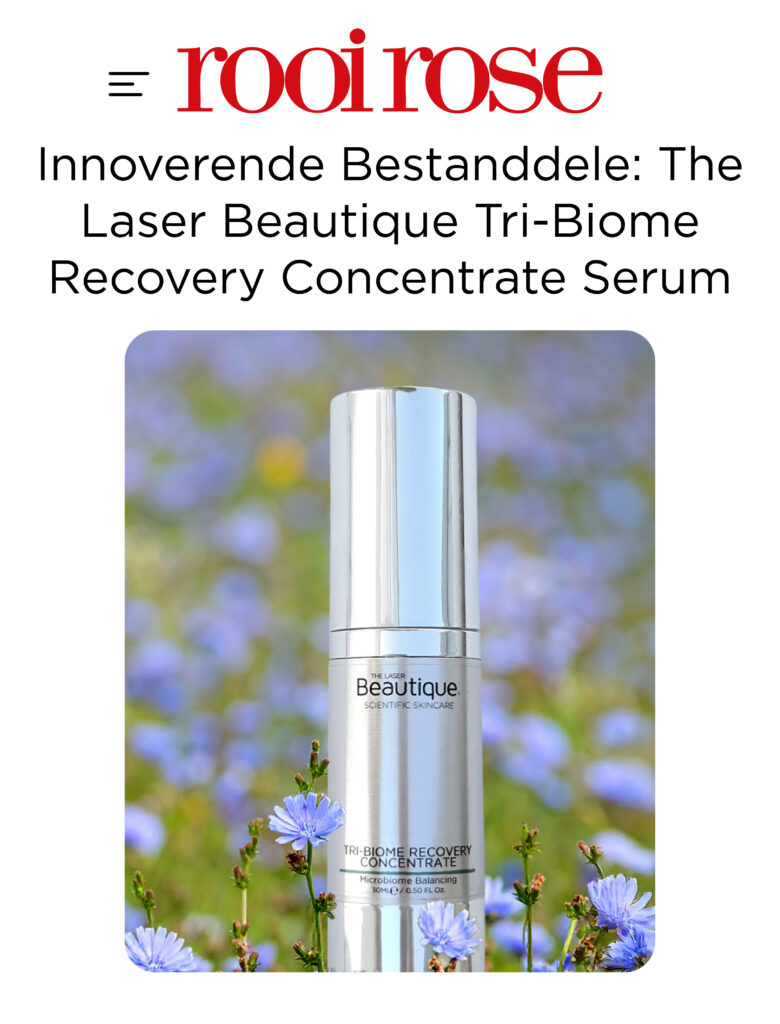 Rooi rose magazine feature of Tri-biome recovery concentrate serum. title saying: Innoverende Bestanddele