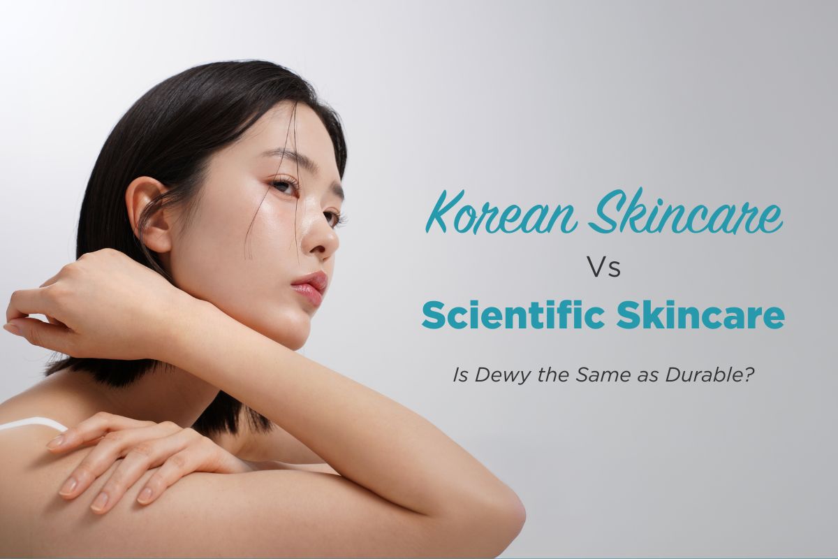 A Korean woman in a bathroom with the heading saying: "Korean skincare vs Scientific Skincare. Is dewy the same as durable?"